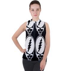 Black And White Deadhead Grateful Dead Steal Your Face Pattern Mock Neck Chiffon Sleeveless Top by 99art