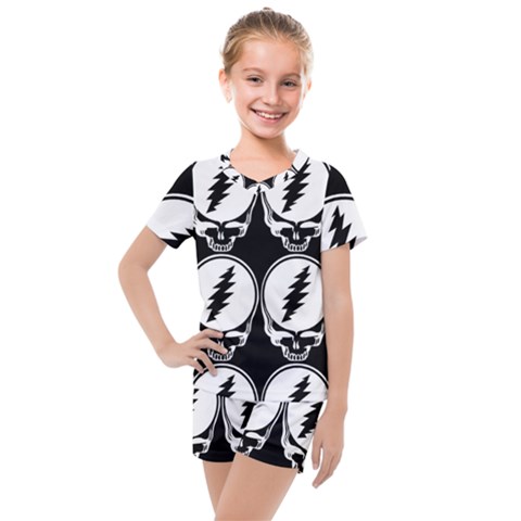 Black And White Deadhead Grateful Dead Steal Your Face Pattern Kids  Mesh Tee And Shorts Set by 99art