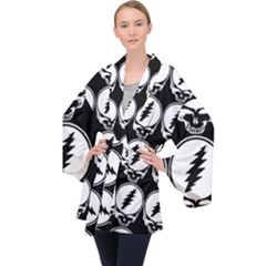 Black And White Deadhead Grateful Dead Steal Your Face Pattern Long Sleeve Velvet Kimono  by 99art