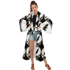 Black And White Deadhead Grateful Dead Steal Your Face Pattern Maxi Kimono by 99art