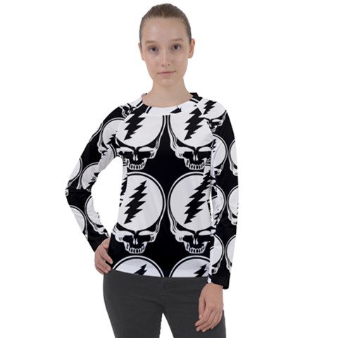 Black And White Deadhead Grateful Dead Steal Your Face Pattern Women s Long Sleeve Raglan Tee by 99art