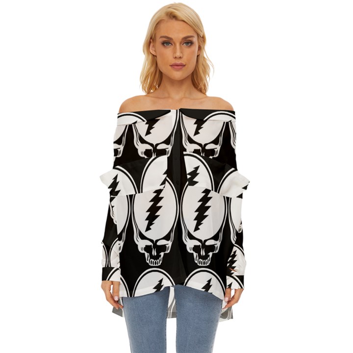 Black And White Deadhead Grateful Dead Steal Your Face Pattern Off Shoulder Chiffon Pocket Shirt