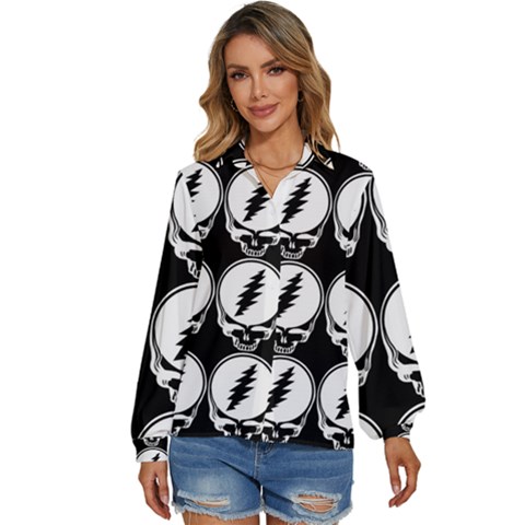 Black And White Deadhead Grateful Dead Steal Your Face Pattern Women s Long Sleeve Button Up Shirt by 99art