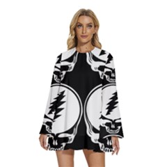 Black And White Deadhead Grateful Dead Steal Your Face Pattern Round Neck Long Sleeve Bohemian Style Chiffon Mini Dress by 99art