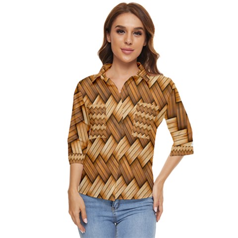 Wooden Weaving Texture Women s Quarter Sleeve Pocket Shirt by 99art