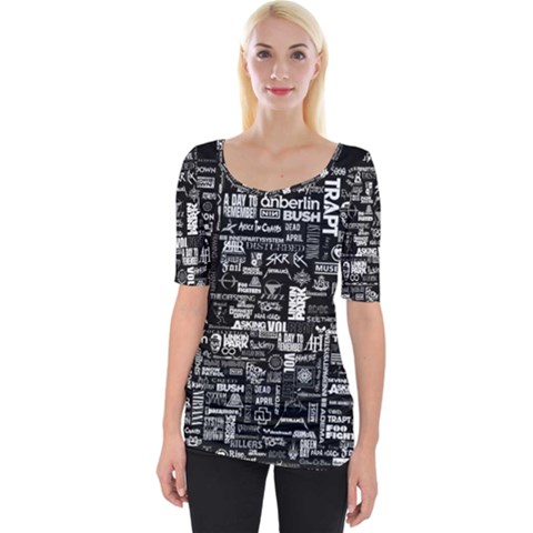 Music Pattern Black White Wide Neckline Tee by 99art