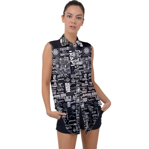 Music Pattern Black White Sleeveless Chiffon Button Shirt by 99art