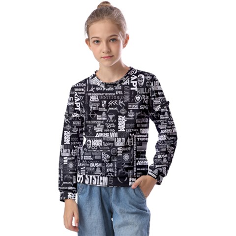 Music Pattern Black White Kids  Long Sleeve Tee With Frill  by 99art