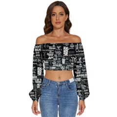 Music Pattern Black White Long Sleeve Crinkled Weave Crop Top by 99art