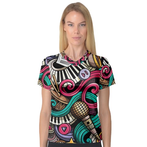 Doodle Colorful Music Doodles V-neck Sport Mesh Tee by 99art