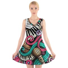 Doodle Colorful Music Doodles V-neck Sleeveless Dress by 99art