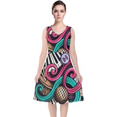 Doodle Colorful Music Doodles V-neck Midi Sleeveless Dress  by 99art