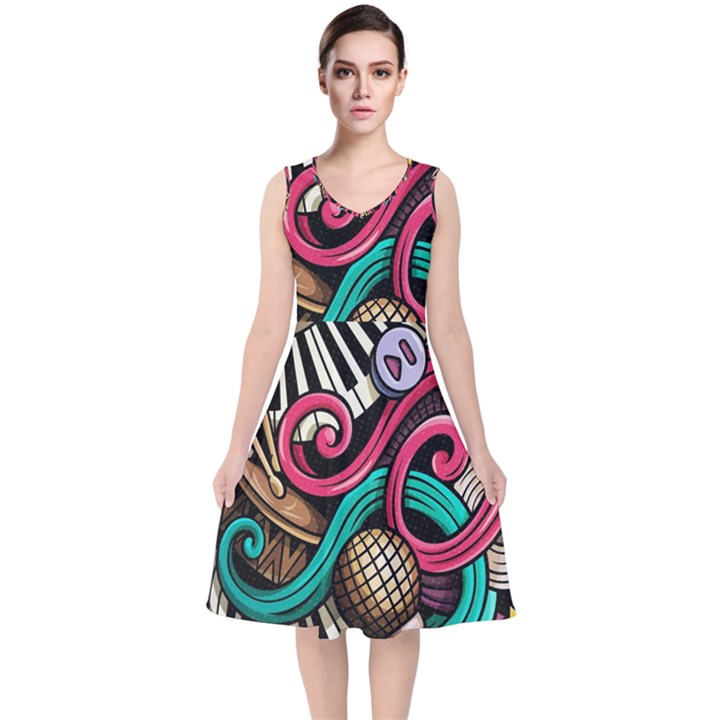 Doodle Colorful Music Doodles V-Neck Midi Sleeveless Dress 