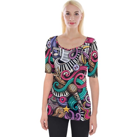 Doodle Colorful Music Doodles Wide Neckline Tee by 99art