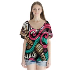 Doodle Colorful Music Doodles V-neck Flutter Sleeve Top by 99art