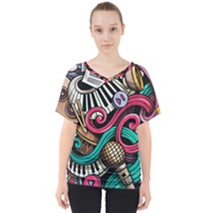 Doodle Colorful Music Doodles V-neck Dolman Drape Top by 99art