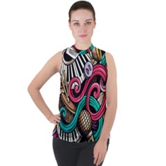 Doodle Colorful Music Doodles Mock Neck Chiffon Sleeveless Top by 99art