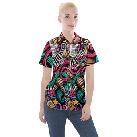 Doodle Colorful Music Doodles Women s Short Sleeve Pocket Shirt by 99art