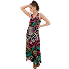 Doodle Colorful Music Doodles V-neck Chiffon Maxi Dress by 99art