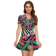 Doodle Colorful Music Doodles V-neck High Waist Chiffon Mini Dress by 99art