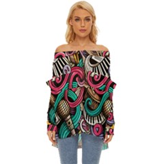 Doodle Colorful Music Doodles Off Shoulder Chiffon Pocket Shirt by 99art