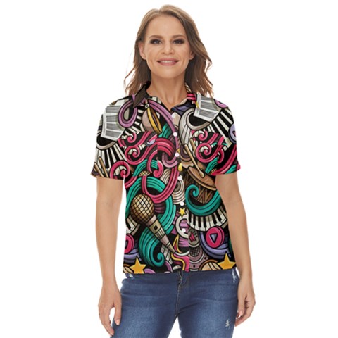 Doodle Colorful Music Doodles Women s Short Sleeve Double Pocket Shirt by 99art