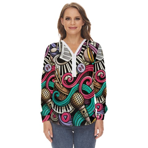 Doodle Colorful Music Doodles Zip Up Long Sleeve Blouse by 99art