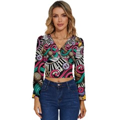 Doodle Colorful Music Doodles Long Sleeve V-neck Top by 99art