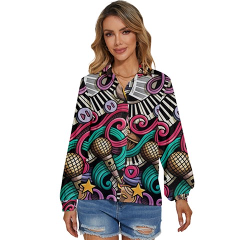 Doodle Colorful Music Doodles Women s Long Sleeve Button Up Shirt by 99art