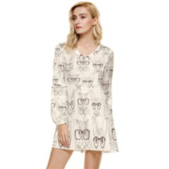 Seamless Pattern Hand Drawn-cats-with Hipster Accessories Tiered Long Sleeve Mini Dress by Vaneshart