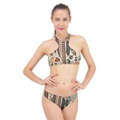 Feathers Birds Vintage Art High Neck Bikini Set by Vaneshart