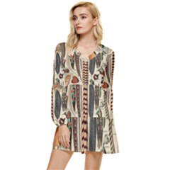 Feathers Birds Vintage Art Tiered Long Sleeve Mini Dress by Vaneshart