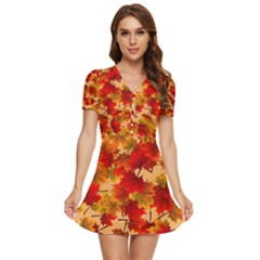 Wallpaper Background Autumn Fall V-neck High Waist Chiffon Mini Dress by Vaneshart