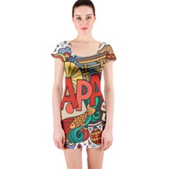 Earthquake And Tsunami Drawing Japan Illustration Short Sleeve Bodycon Dress