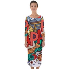 Earthquake And Tsunami Drawing Japan Illustration Quarter Sleeve Midi Bodycon Dress