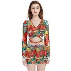 Earthquake And Tsunami Drawing Japan Illustration Velvet Wrap Crop Top and Shorts Set