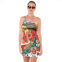 Earthquake And Tsunami Drawing Japan Illustration One Shoulder Ring Trim Bodycon Dress