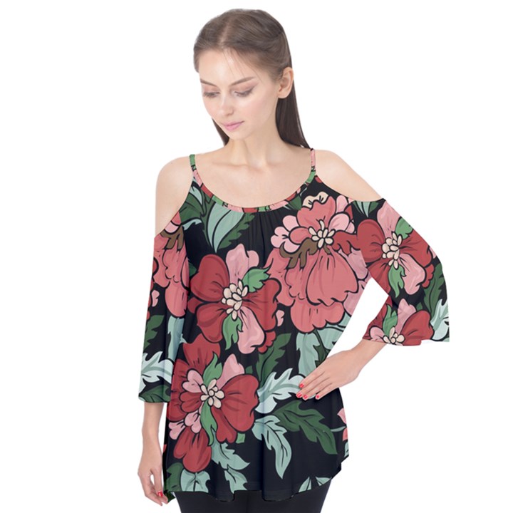 Beautiful Floral Vector Seamless Pattern Flutter Sleeve Tee 