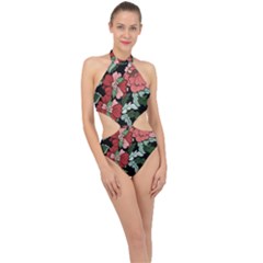 Beautiful Floral Vector Seamless Pattern Halter Side Cut Swimsuit