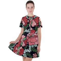 Beautiful Floral Vector Seamless Pattern Short Sleeve Shoulder Cut Out Dress 