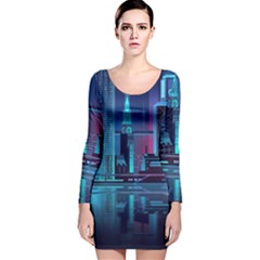 Digital Art Artwork Illustration Vector Buiding City Long Sleeve Velvet Bodycon Dress by 99art