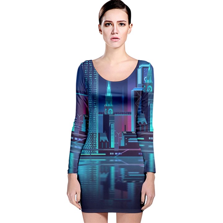 Digital Art Artwork Illustration Vector Buiding City Long Sleeve Velvet Bodycon Dress