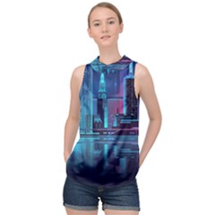 Digital Art Artwork Illustration Vector Buiding City High Neck Satin Top by 99art