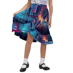 Digital Art Artwork Illustration Vector Buiding City Kids  Ruffle Flared Wrap Midi Skirt by 99art