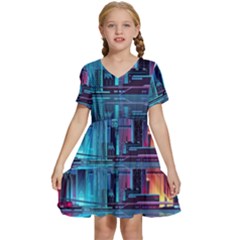 Digital Art Artwork Illustration Vector Buiding City Kids  Short Sleeve Tiered Mini Dress by 99art