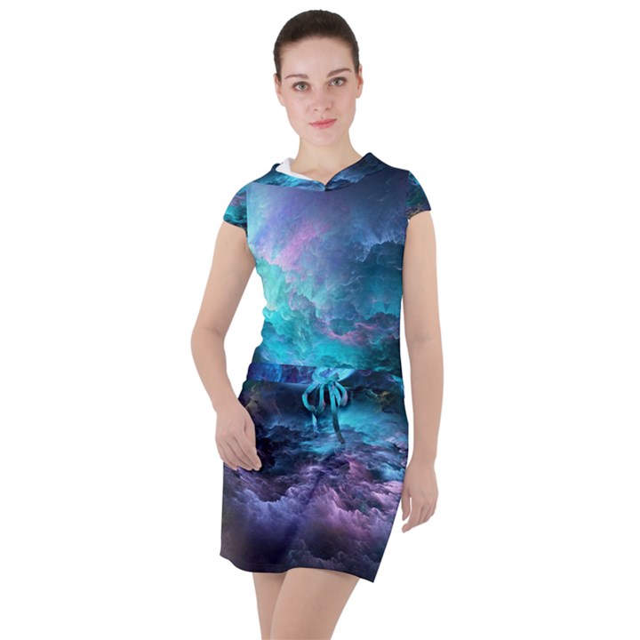 Abstract Graphics Nebula Psychedelic Space Drawstring Hooded Dress