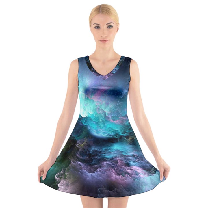 Abstract Graphics Nebula Psychedelic Space V-Neck Sleeveless Dress