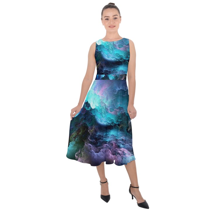 Abstract Graphics Nebula Psychedelic Space Midi Tie-Back Chiffon Dress