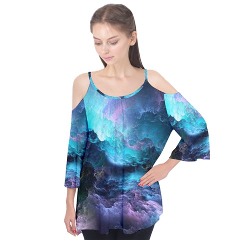 Abstract Graphics Nebula Psychedelic Space Flutter Sleeve Tee  by 99art