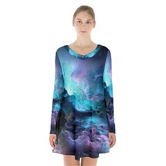 Abstract Graphics Nebula Psychedelic Space Long Sleeve Velvet V-neck Dress